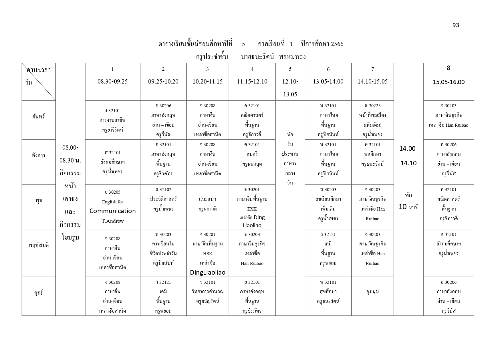 ตารางเรียนภาคเรียนที่ 1 ปีการศึกษา 2566